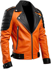Men's Orange and Black Genuine Sheepskin Padded Shoulders Leather Jacket